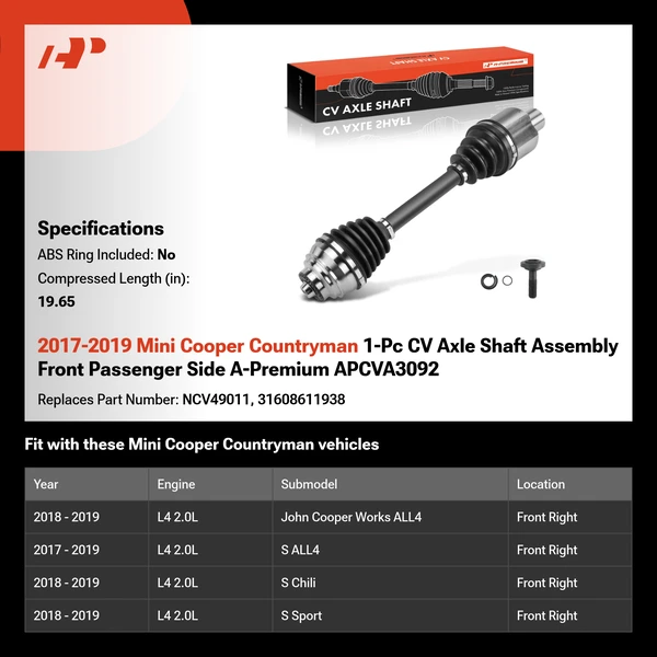 2017-2019 Mini Cooper Countryman 1-Pc CV Axle Shaft Assembly Front Passenger Side A-Premium APCVA3092