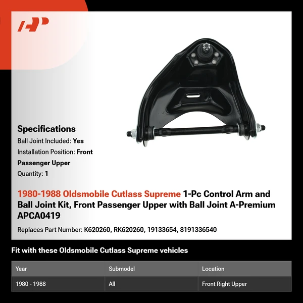 1980-1988 Oldsmobile Cutlass Supreme 1-Pc Control Arm and Ball Joint Kit, Front Passenger Upper with Ball Joint A-Premium APCA0419