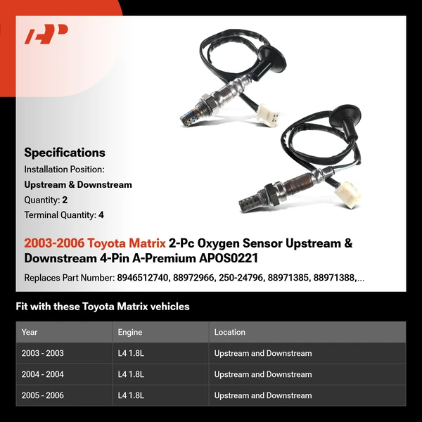 2003-2006 Toyota Matrix 2-Pc Oxygen Sensor Upstream & Downstream 4-Pin A-Premium APOS0221