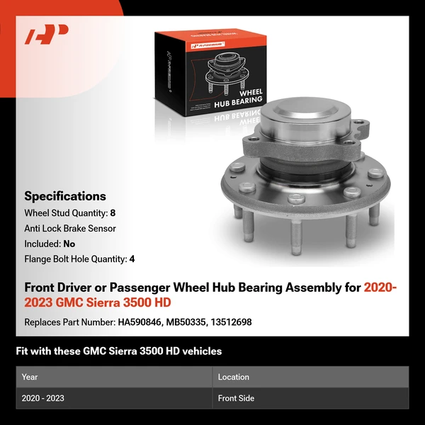 Front Driver or Passenger Wheel Hub Bearing Assembly for 2020-2023 GMC Sierra 3500 HD