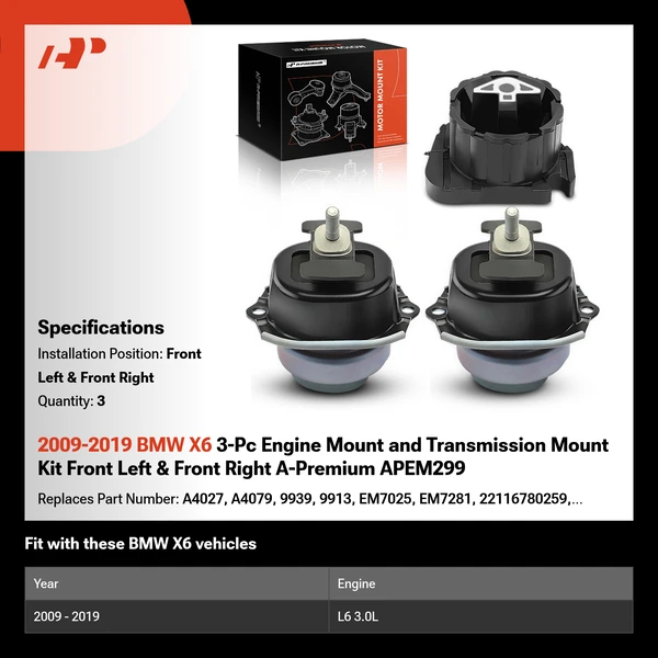 2009-2019 BMW X6 3-Pc Engine Mount and Transmission Mount Kit Front Left & Front Right A-Premium APEM299