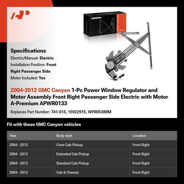 2004-2012 GMC Canyon 1-Pc Power Window Regulator and Motor Assembly Front Right Passenger Side Electric with Motor A-Premium APWR0133