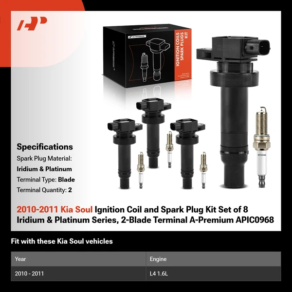2010-2011 Kia Soul Ignition Coil and Spark Plug Kit Set of 8 Iridium & Platinum Series, 2-Blade Terminal A-Premium APIC0968