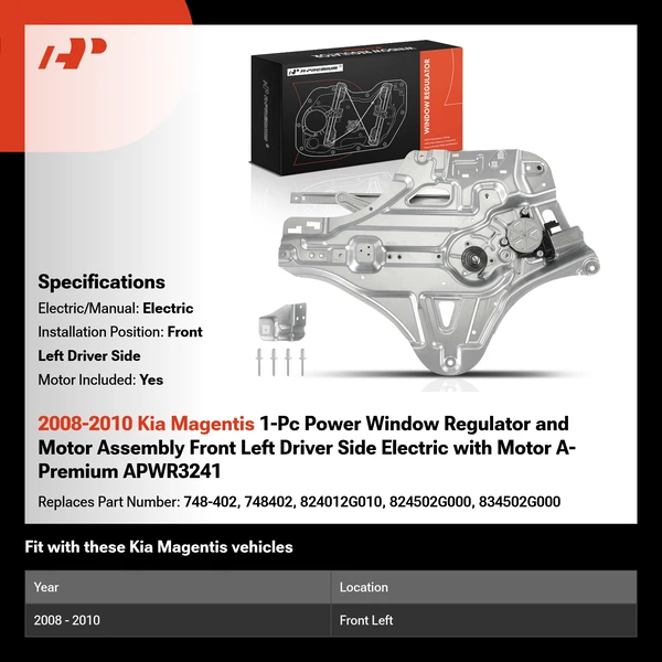 2008-2010 Kia Magentis 1-Pc Power Window Regulator and Motor Assembly Front Left Driver Side Electric with Motor A-Premium APWR3241