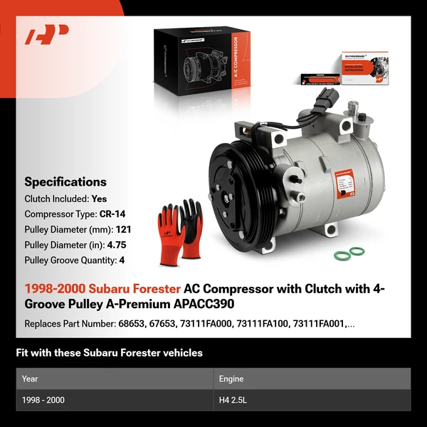 1998-2000 Subaru Forester AC Compressor with Clutch with 4-Groove Pulley A-Premium APACC390