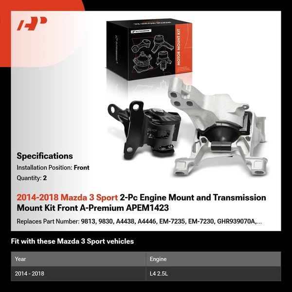 2014-2018 Mazda 3 Sport 2-Pc Engine Mount and Transmission Mount Kit Front A-Premium APEM1423