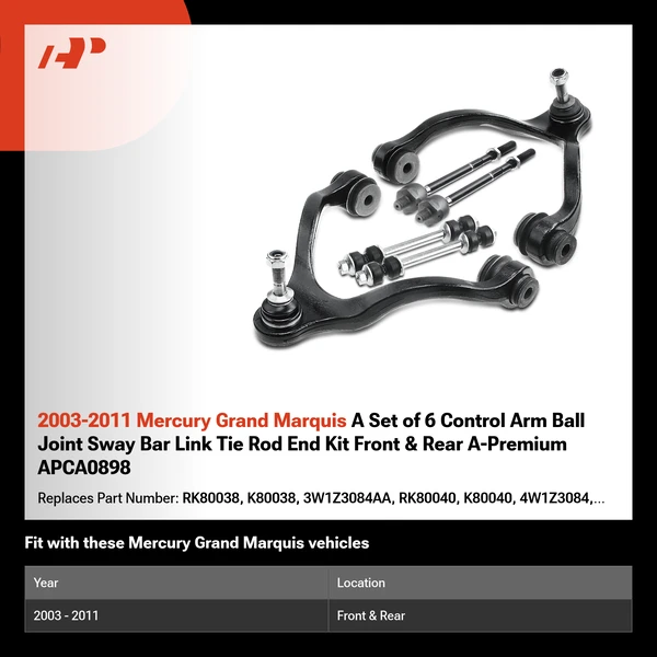 2003-2011 Mercury Grand Marquis A Set of 6 Control Arm Ball Joint Sway Bar Link Tie Rod End Kit Front & Rear A-Premium APCA0898