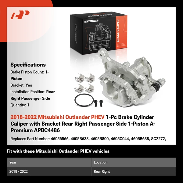 2018-2022 Mitsubishi Outlander PHEV 1-Pc Brake Cylinder Caliper with Bracket Rear Right Passenger Side 1-Piston A-Premium APBC4486