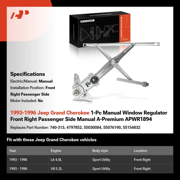 1993-1996 Jeep Grand Cherokee 1-Pc Manual Window Regulator Front Right Passenger Side Manual A-Premium APWR1894