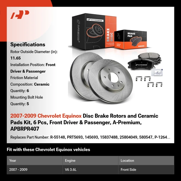 2007-2009 Chevrolet Equinox Disc Brake Rotors and Ceramic Pads Kit, 6 Pcs, Front Driver & Passenger, A-Premium, APBRPR407