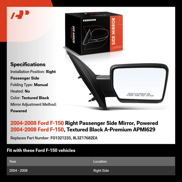 2004-2008 Ford F-150 Right Passenger Side Mirror, Powered 2004-2008 Ford F-150, Textured Black A-Premium APMI629