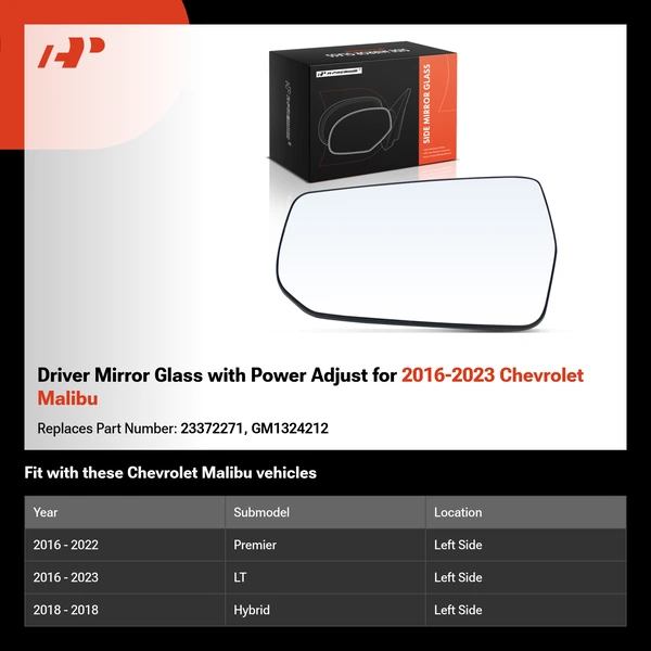 Driver Mirror Glass with Power Adjust for 2016-2023 Chevrolet Malibu