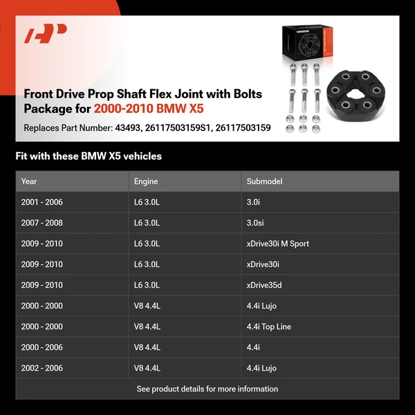 Front Drive Prop Shaft Flex Joint with Bolts Package for 2000-2010 BMW X5