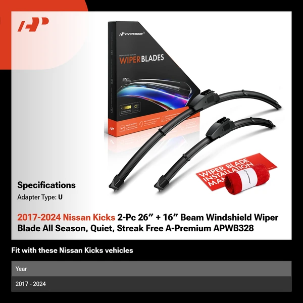 2017-2024 Nissan Kicks 2-Pc 26″ + 16″ Beam Windshield Wiper Blade All Season, Quiet, Streak Free A-Premium APWB328