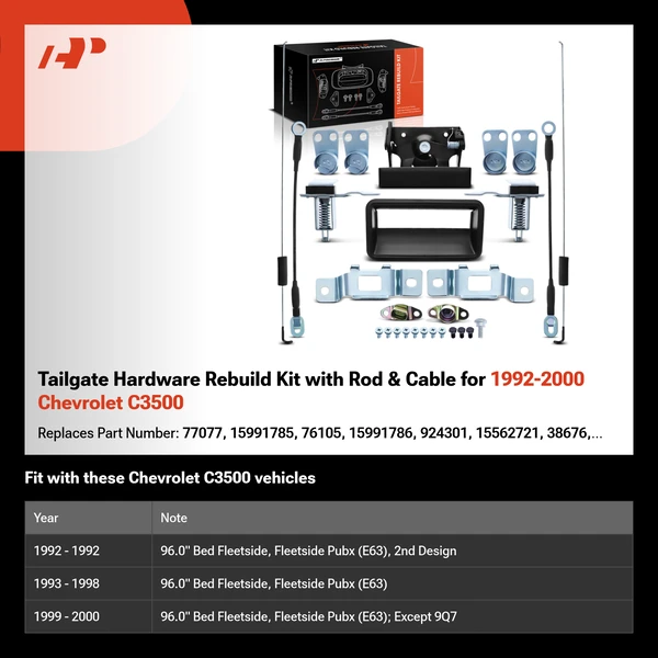 Tailgate Hardware Rebuild Kit with Rod & Cable for 1992-2000 Chevrolet C3500