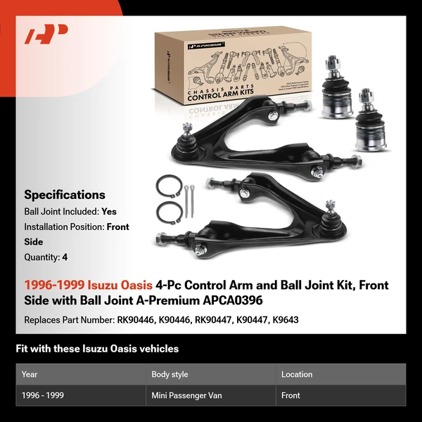 1996-1999 Isuzu Oasis 4-Pc Control Arm and Ball Joint Kit, Front Side with Ball Joint A-Premium APCA0396