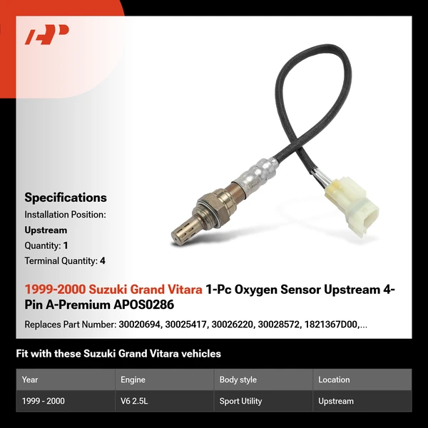 1999-2000 Suzuki Grand Vitara 1-Pc Oxygen Sensor Upstream 4-Pin A-Premium APOS0286