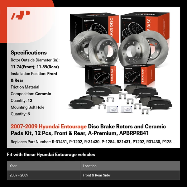 2007-2009 Hyundai Entourage Disc Brake Rotors and Ceramic Pads Kit, 12 Pcs, Front & Rear, A-Premium, APBRPR841