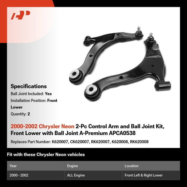 2000-2002 Chrysler Neon 2-Pc Control Arm and Ball Joint Kit, Front Lower with Ball Joint A-Premium APCA0538