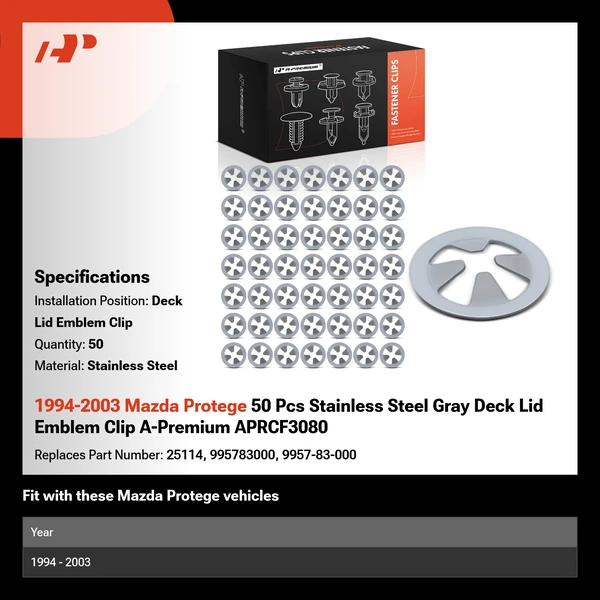 1994-2003 Mazda Protege 50 Pcs Stainless Steel Gray Deck Lid Emblem Clip A-Premium APRCF3080