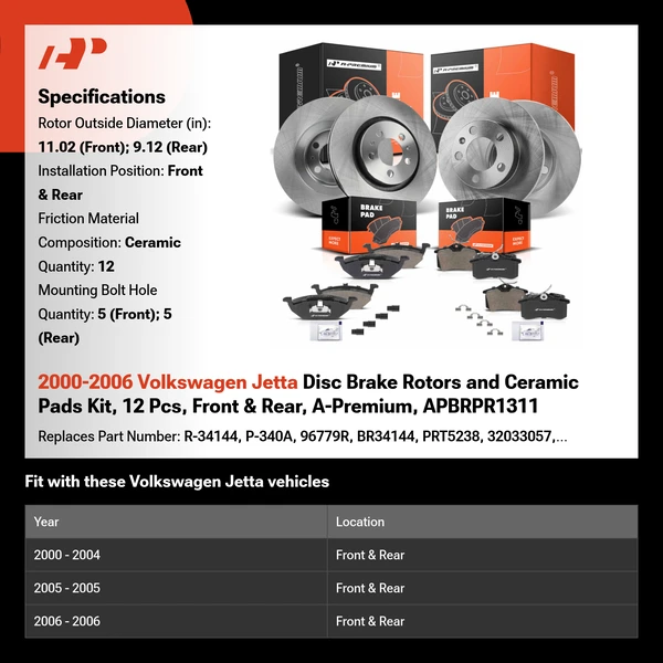 2000-2006 Volkswagen Jetta Disc Brake Rotors and Ceramic Pads Kit, 12 Pcs, Front & Rear, A-Premium, APBRPR1311