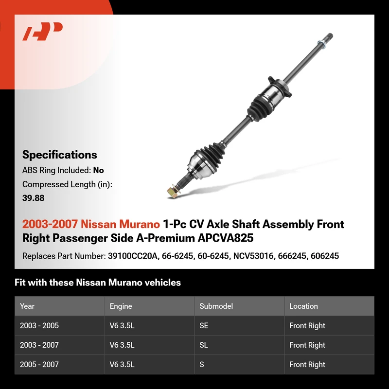 2003-2007 Nissan Murano 1-Pc CV Axle Shaft Assembly Front Right Passenger Side A-Premium APCVA825