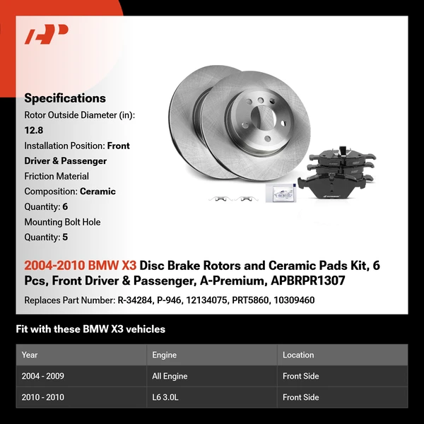 2004-2010 BMW X3 Disc Brake Rotors and Ceramic Pads Kit, 6 Pcs, Front Driver & Passenger, A-Premium, APBRPR1307