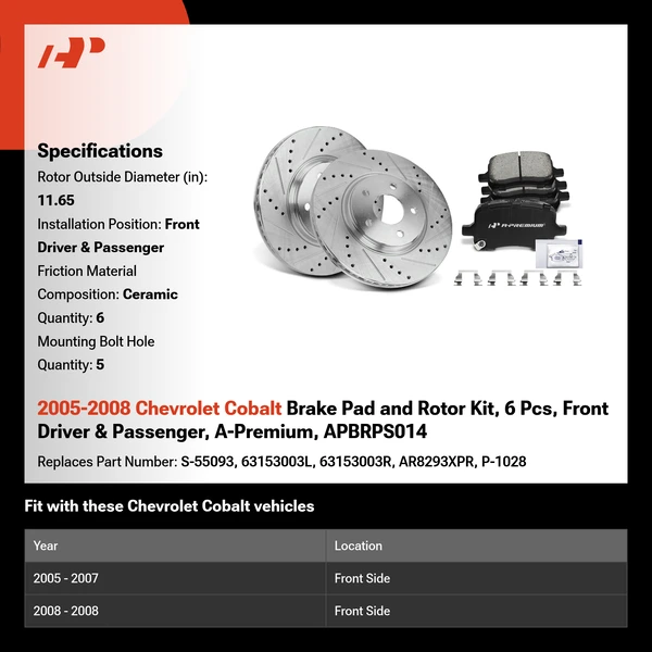 2005-2008 Chevrolet Cobalt Brake Pad and Rotor Kit, 6 Pcs, Front Driver & Passenger, A-Premium, APBRPS014