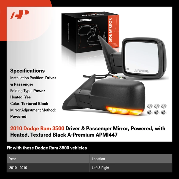 2010 Dodge Ram 3500 Driver & Passenger Mirror, Powered, with Heated, Textured Black A-Premium APMI447