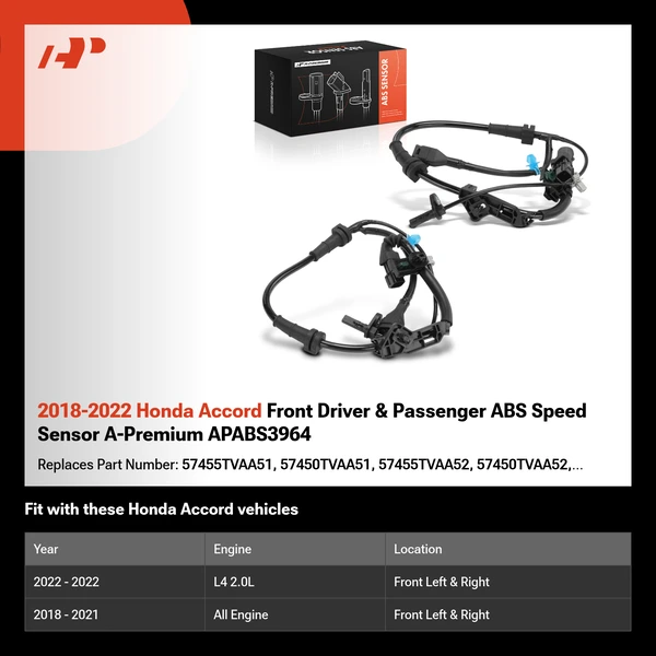2018-2022 Honda Accord Front Driver & Passenger ABS Speed Sensor A-Premium APABS3964