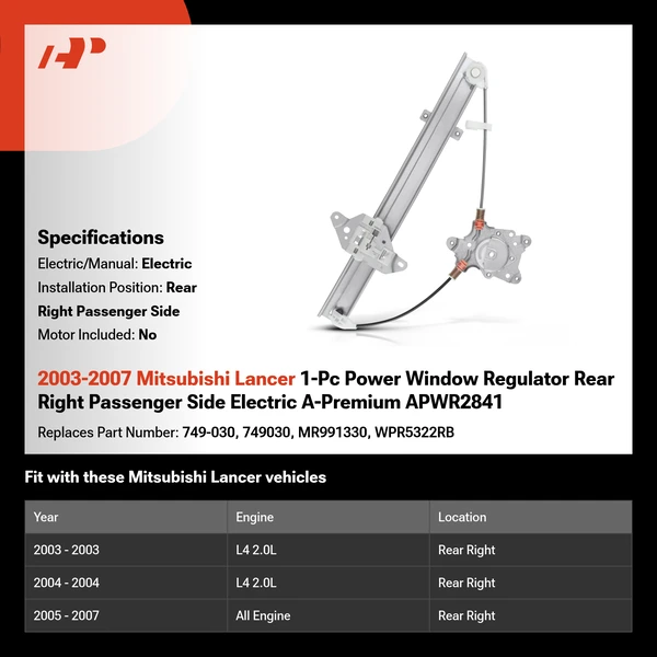 2003-2007 Mitsubishi Lancer 1-Pc Power Window Regulator Rear Right Passenger Side Electric A-Premium APWR2841
