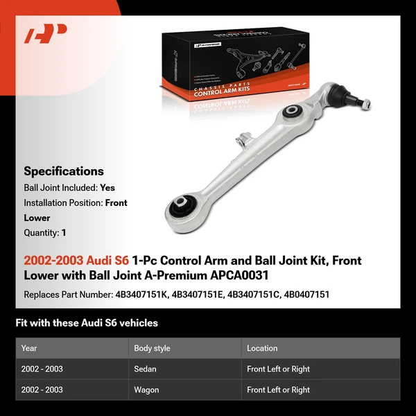 2002-2003 Audi S6 1-Pc Control Arm and Ball Joint Kit, Front Lower with Ball Joint A-Premium APCA0031