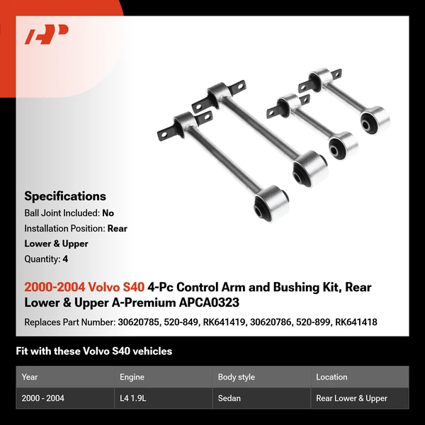 2000-2004 Volvo S40 4-Pc Control Arm and Bushing Kit, Rear Lower & Upper A-Premium APCA0323