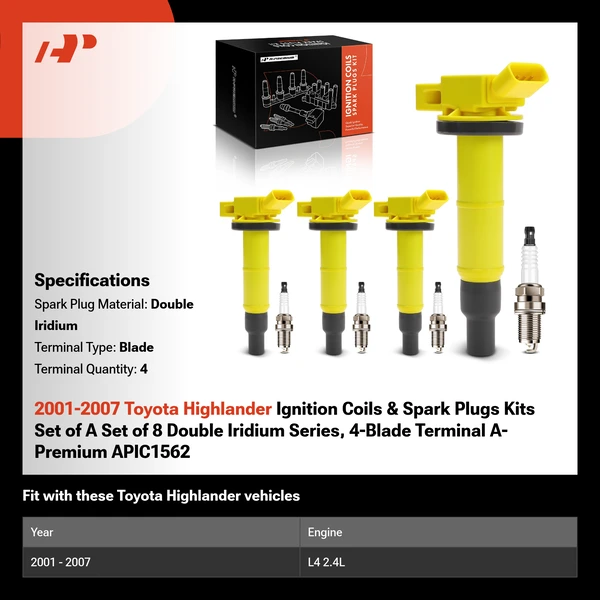 2001-2007 Toyota Highlander Ignition Coils & Spark Plugs Kits Set of A Set of 8 Double Iridium Series, 4-Blade Terminal A-Premium APIC1562