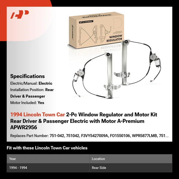 1994 Lincoln Town Car 2-Pc Window Regulator and Motor Kit Rear Driver & Passenger Electric with Motor A-Premium APWR2956