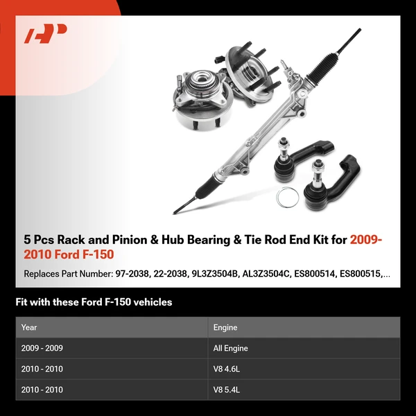 5 Pcs Rack and Pinion & Hub Bearing & Tie Rod End Kit for 2009-2010 Ford F-150