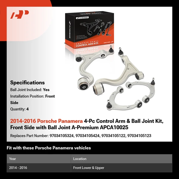 2014-2016 Porsche Panamera 4-Pc Control Arm & Ball Joint Kit, Front Side with Ball Joint A-Premium APCA10025