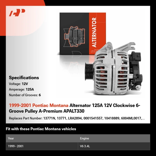 1999-2001 Pontiac Montana Alternator 125A 12V Clockwise 6-Groove Pulley A-Premium APALT330