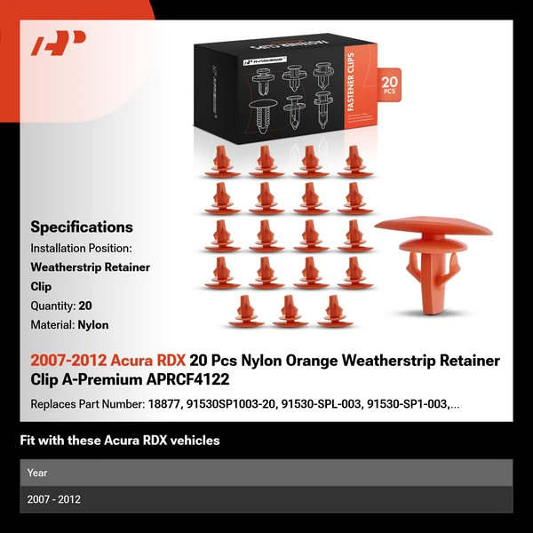 2007-2012 Acura RDX 20 Pcs Nylon Orange Weatherstrip Retainer Clip A-Premium APRCF4122