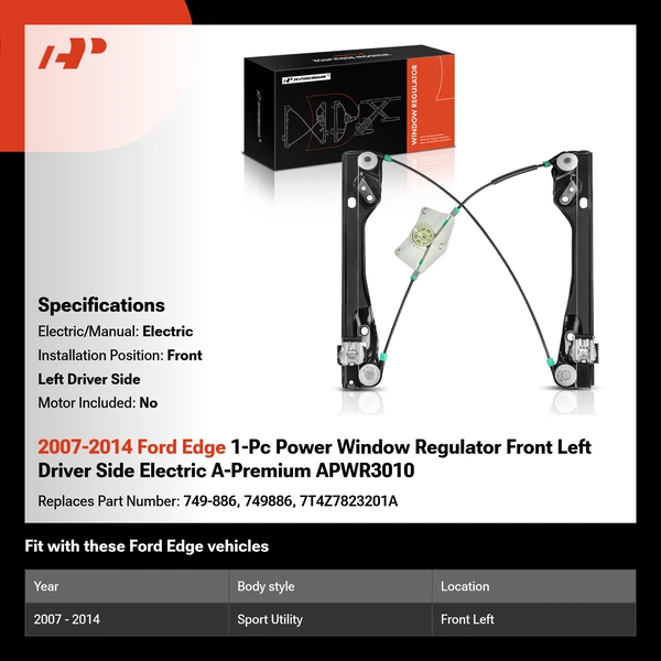 2007-2014 Ford Edge 1-Pc Power Window Regulator Front Left Driver Side Electric A-Premium APWR3010