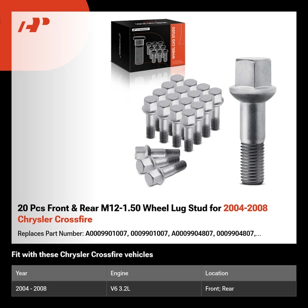 20 Pcs Front & Rear M12-1.50 Wheel Lug Stud for 2004-2008 Chrysler Crossfire