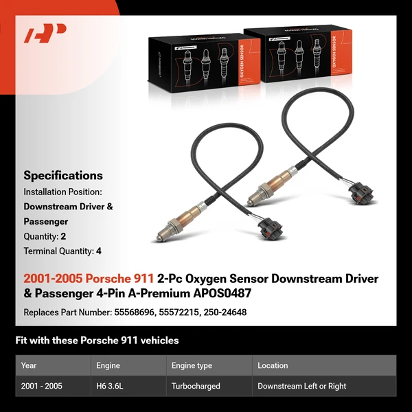 2001-2005 Porsche 911 2-Pc Oxygen Sensor Downstream Driver & Passenger 4-Pin A-Premium APOS0487