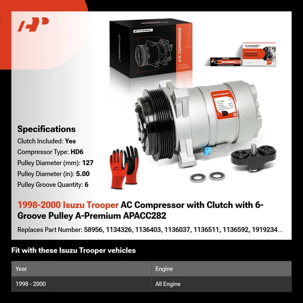 1998-2000 Isuzu Trooper AC Compressor with Clutch with 6-Groove Pulley A-Premium APACC282