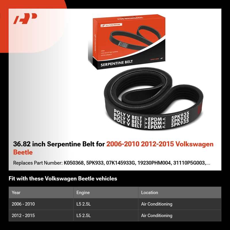 36.82 inch Serpentine Belt for 2006-2010 2012-2015 Volkswagen Beetle
