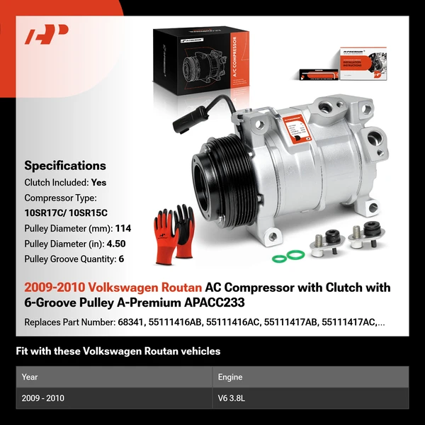 2009-2010 Volkswagen Routan AC Compressor with Clutch with 6-Groove Pulley A-Premium APACC233