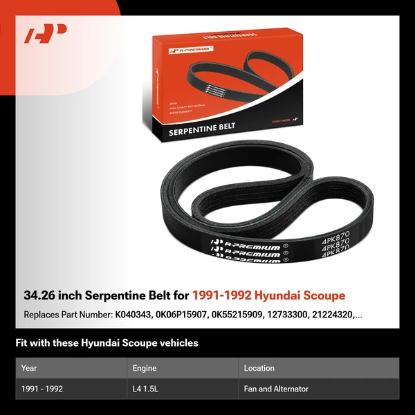 34.26 inch Serpentine Belt for 1991-1992 Hyundai Scoupe