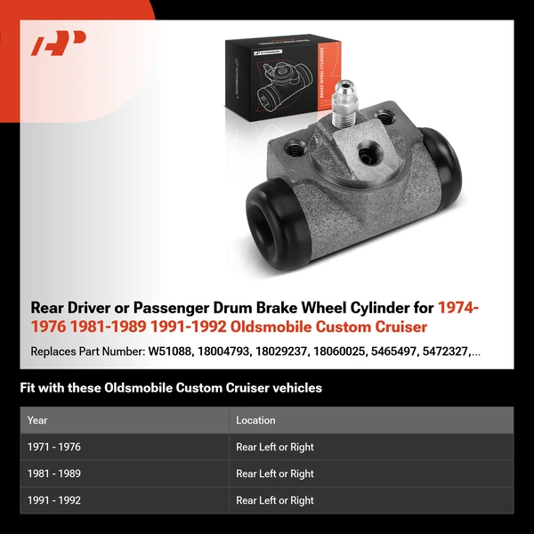 Rear Driver or Passenger Drum Brake Wheel Cylinder for 1974-1976 1981-1989 1991-1992 Oldsmobile Custom Cruiser