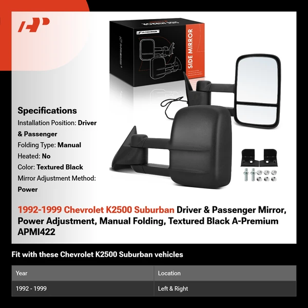 1992-1999 Chevrolet K2500 Suburban Driver & Passenger Mirror, Power Adjustment, Manual Folding, Textured Black A-Premium APMI422