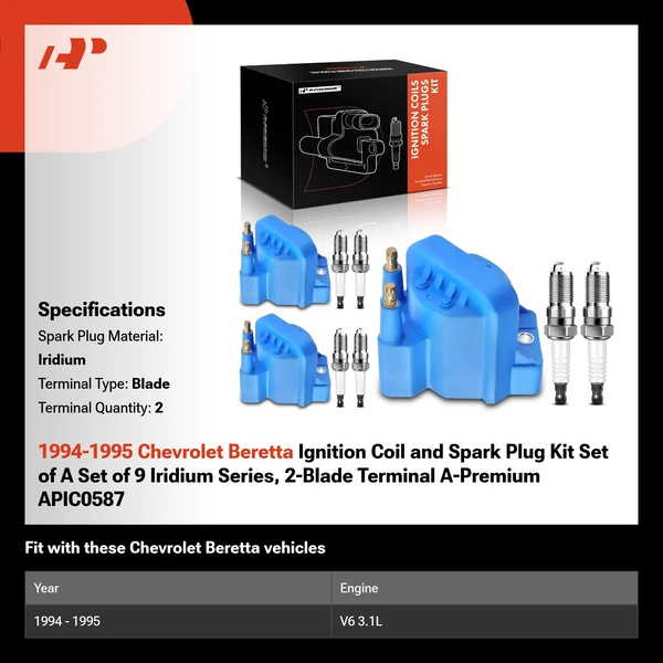 1994-1995 Chevrolet Beretta Ignition Coil and Spark Plug Kit Set of A Set of 9 Iridium Series, 2-Blade Terminal A-Premium APIC0587