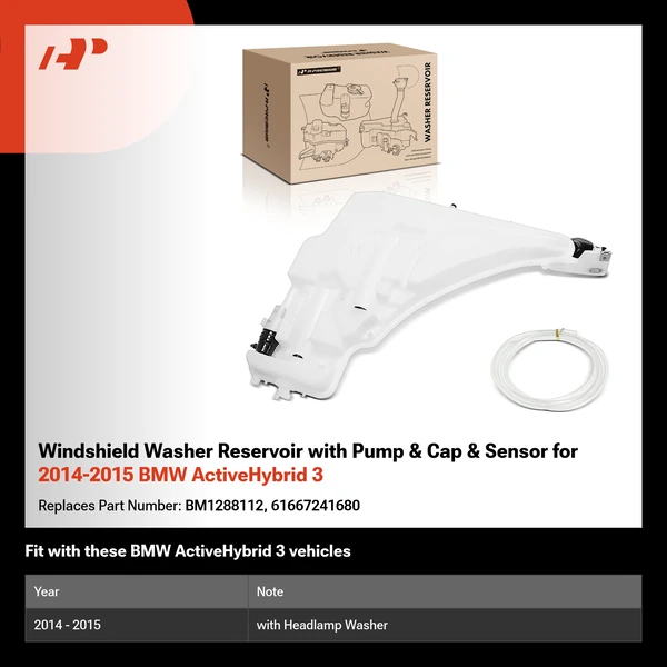 Windshield Washer Reservoir with Pump & Cap & Sensor for 2014-2015 BMW ActiveHybrid 3